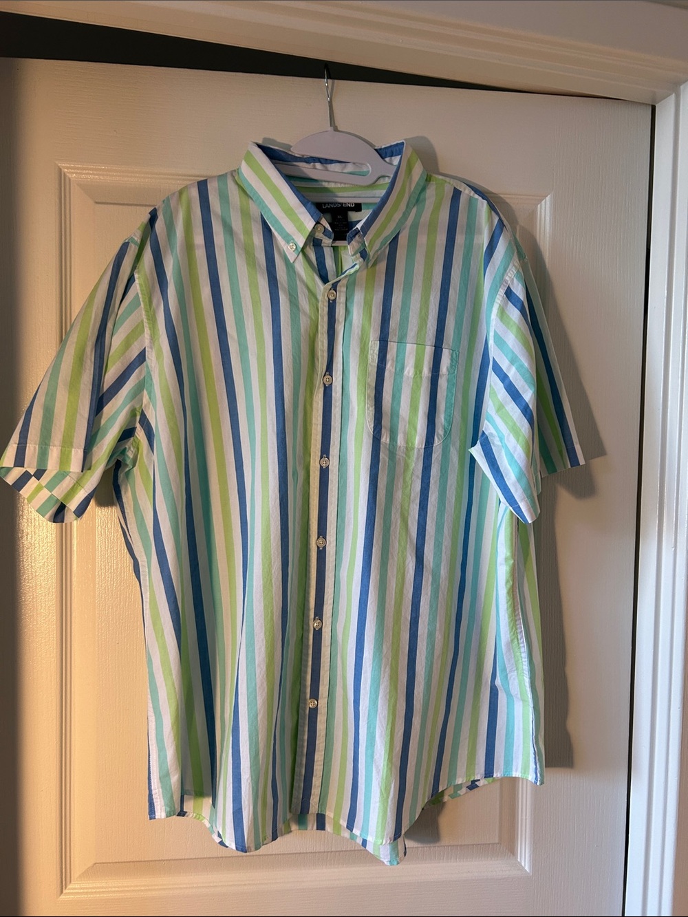 Lands' End Short-Sleeve Button-Down Shirt - Blue, Green & White Stripes Size XL